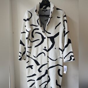 Black and White Patterned Mid Length Sweater Jacket Fuzzy Warm